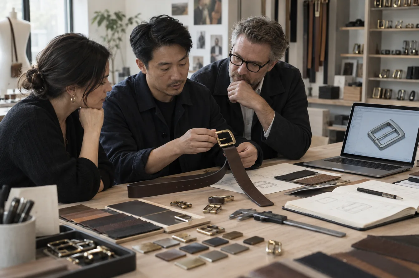 Fashion hardware supplier and product team reviewing a custom buckle development sample