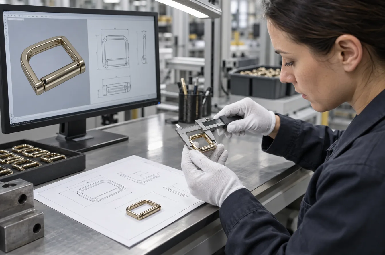 Quality technician verifies custom buckle dimensions against approved drawing and CAD model