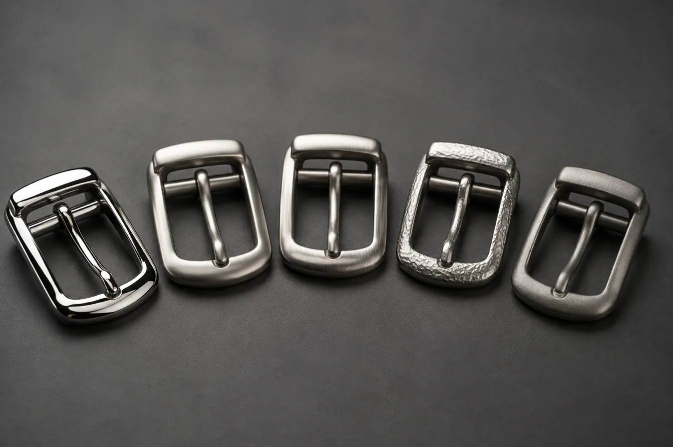 Matching metal buckles show mirror satin brushed textured and matte surface finishes