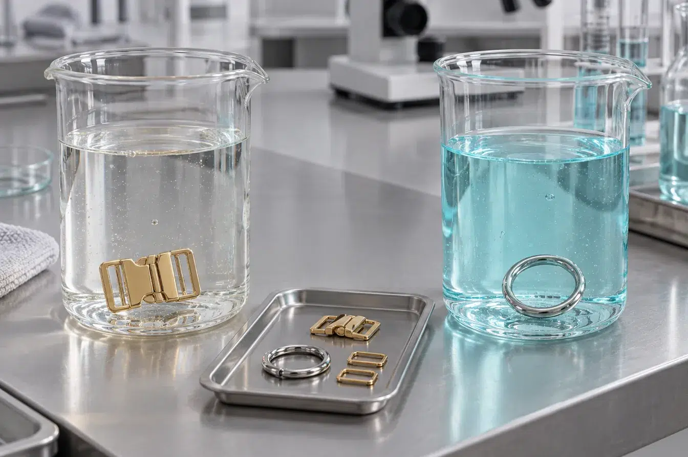 Gold and silver swimwear hardware undergoing saltwater and chlorinated-water exposure tests