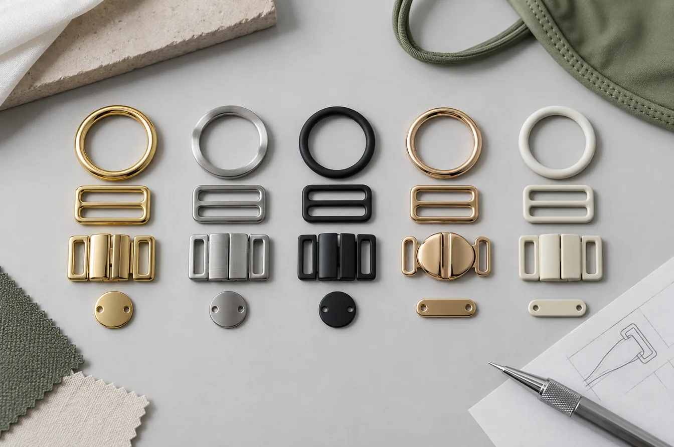 Swimwear rings buckles and clasps displayed in multiple metals and protective finishes