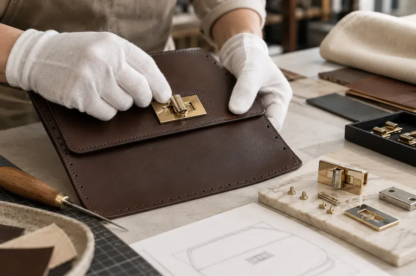 Technician testing a custom clasp on leather before approving pilot production