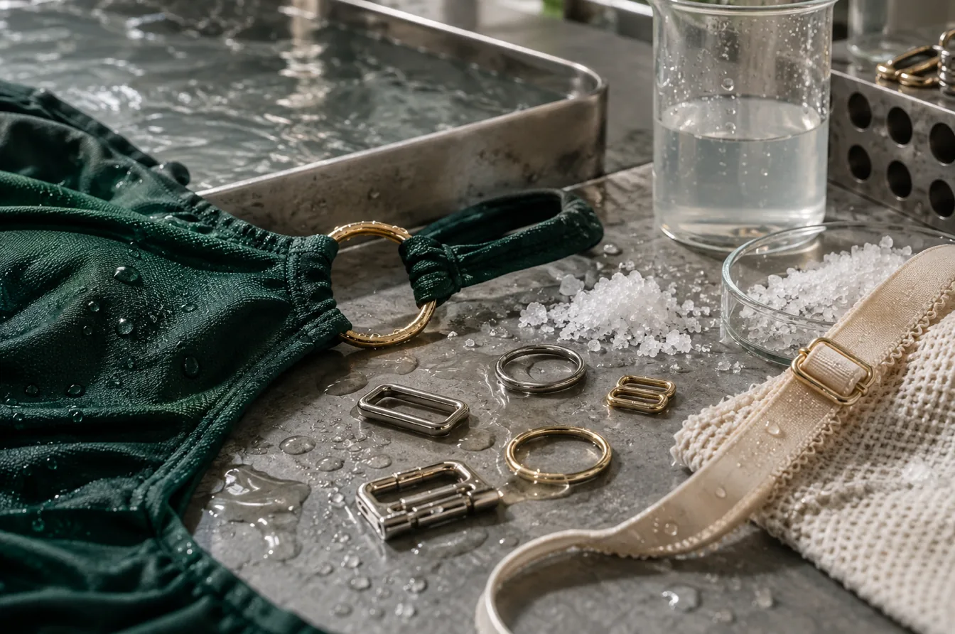 Swimwear and lingerie hardware prepared for moisture wear and nickel release testing