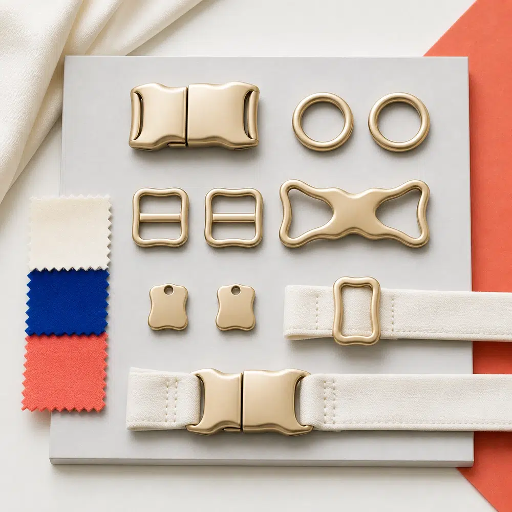 Coordinated custom swimwear hardware set with clasps, rings, sliders, connectors and logo tags