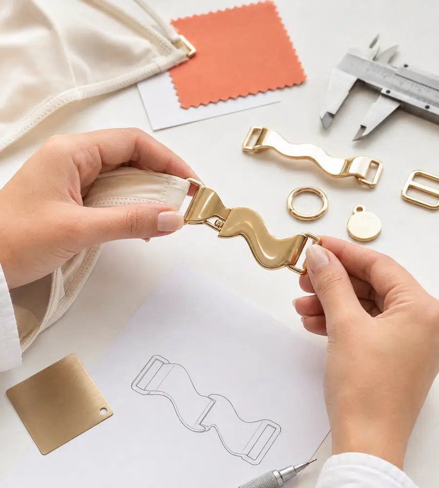 Custom swimwear hardware development with design sketch, clasp sample and measurement tools