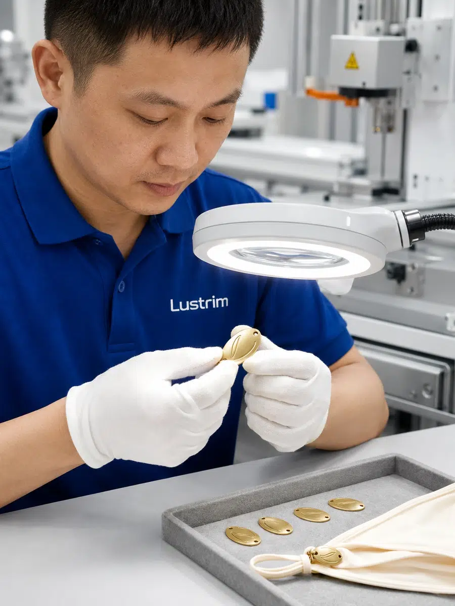 Lustrim technician inspecting custom logo hardware for swimwear