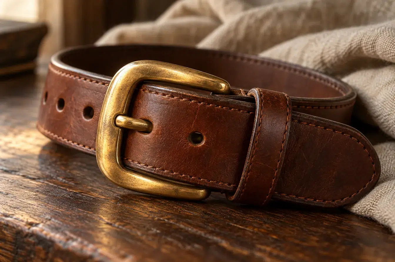 Naturally aged brass buckle shows warm patina on brown leather