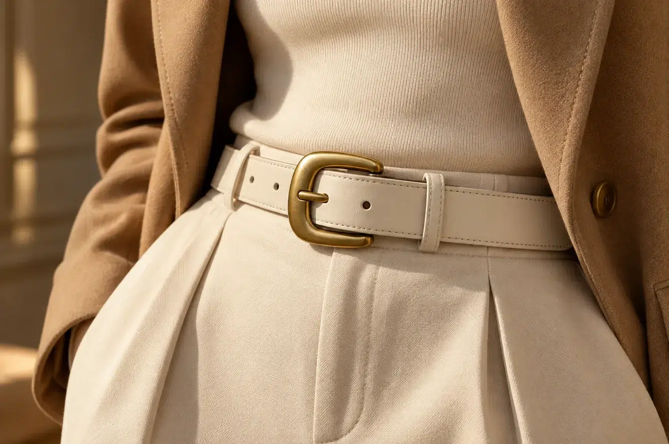Natural brass buckle adds material warmth to tailored women’s apparel