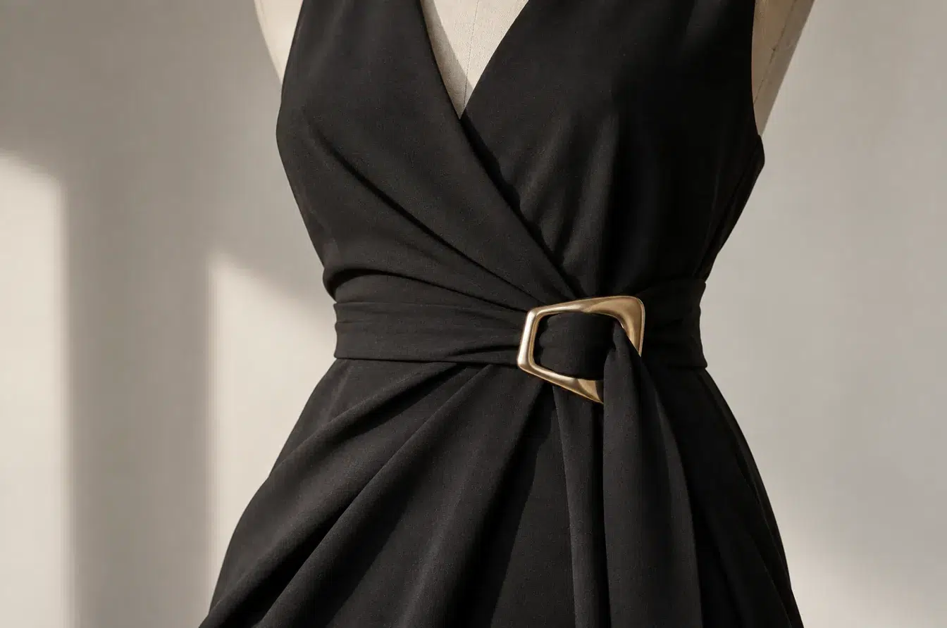 Brass and zinc alloy buckles paired with leather and lightweight chiffon