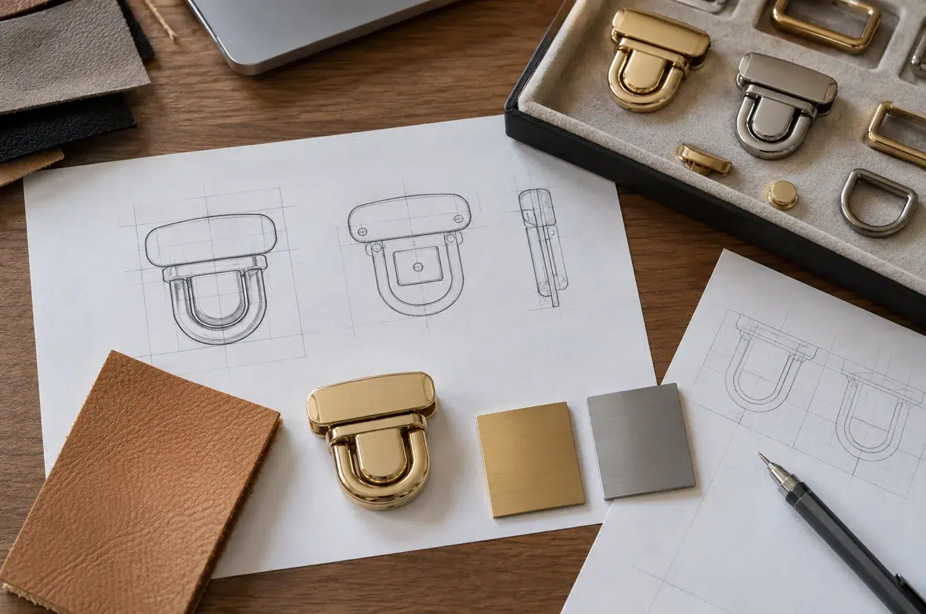 Custom clasp sample with technical drawings leather swatches and metal finish references