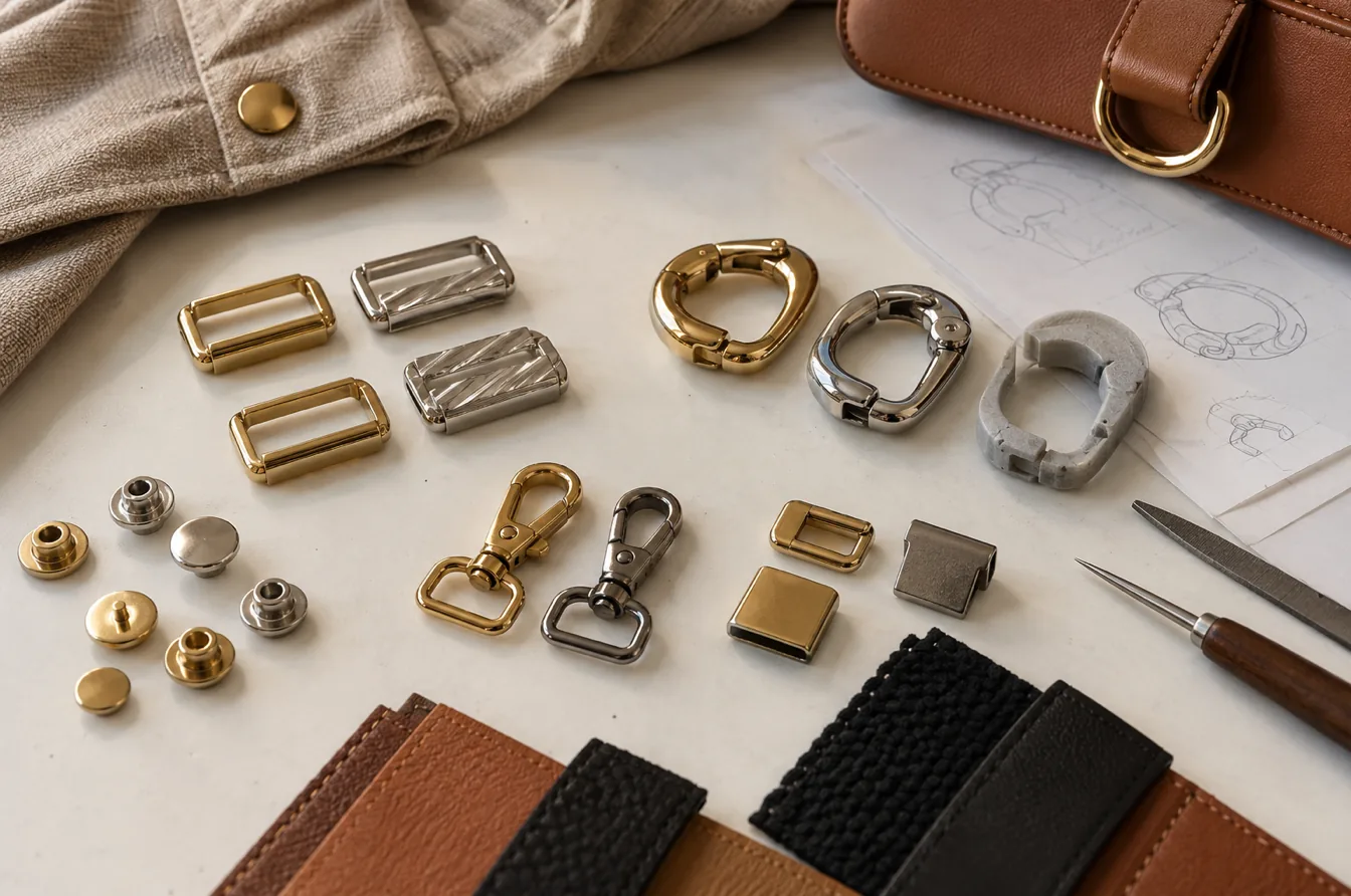 Standard and custom fashion hardware samples arranged with a prototype and material swatches
