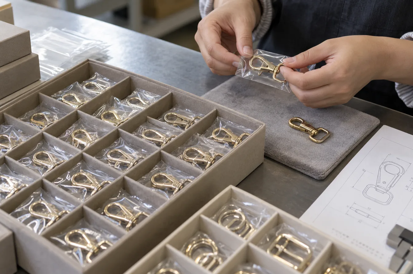 Worker packing individual metal swivel hooks in protective sleeves and divided storage boxes