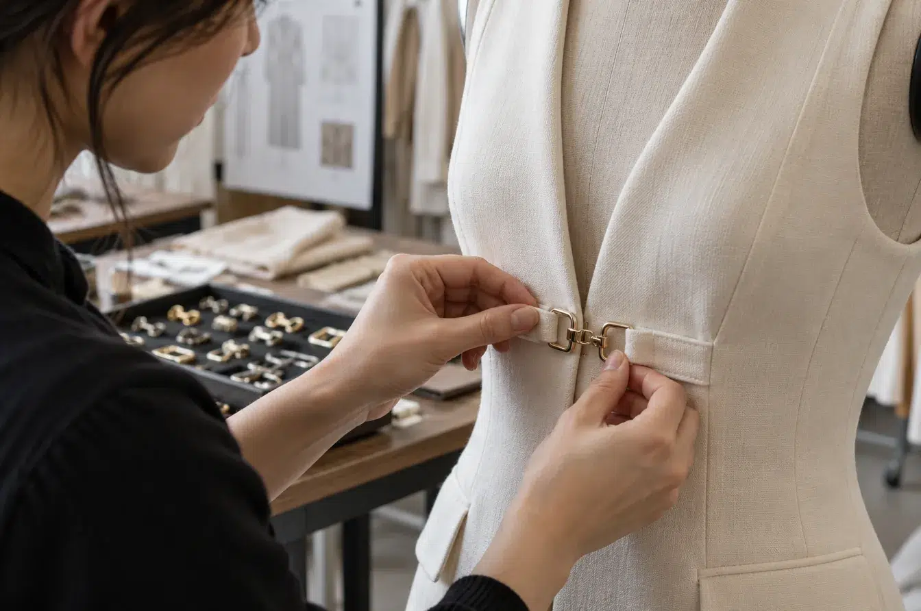 Designer checking the attachment and operation of a metal closure on a cream garment