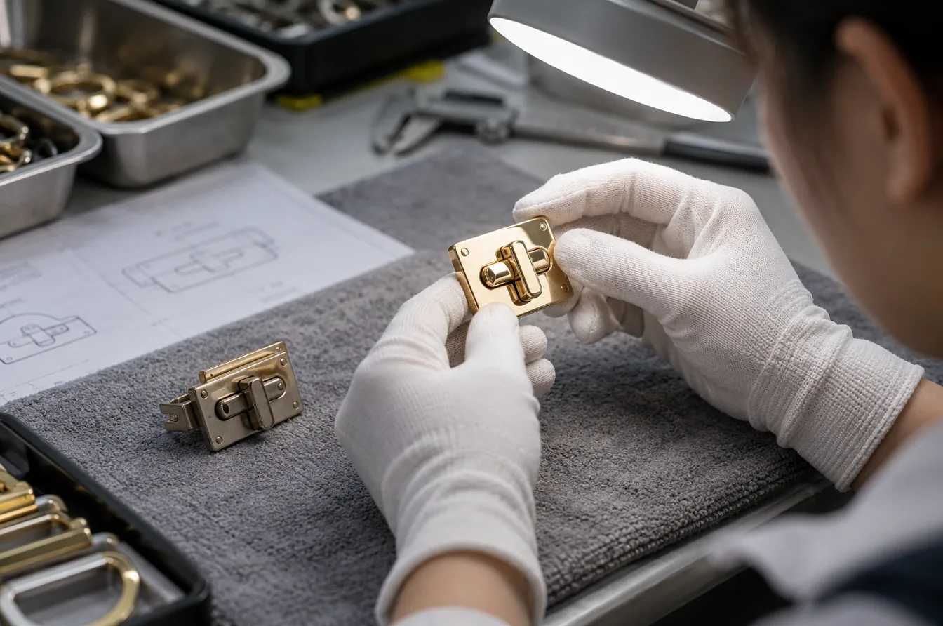 Technician inspecting a polished gold bag clasp against drawings and reference hardware samples