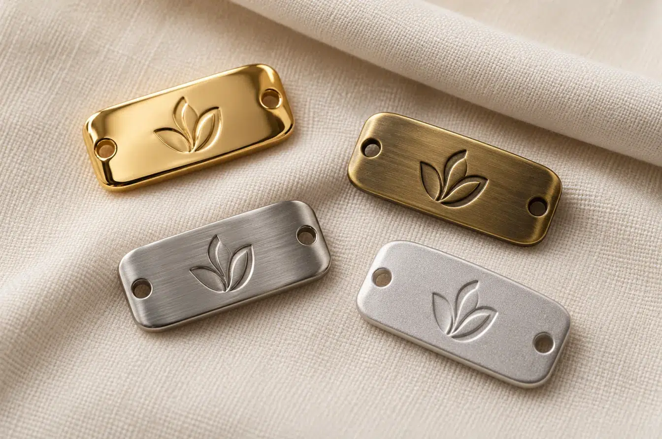 Gold brass stainless steel and aluminum logo tags compared on ivory fabric