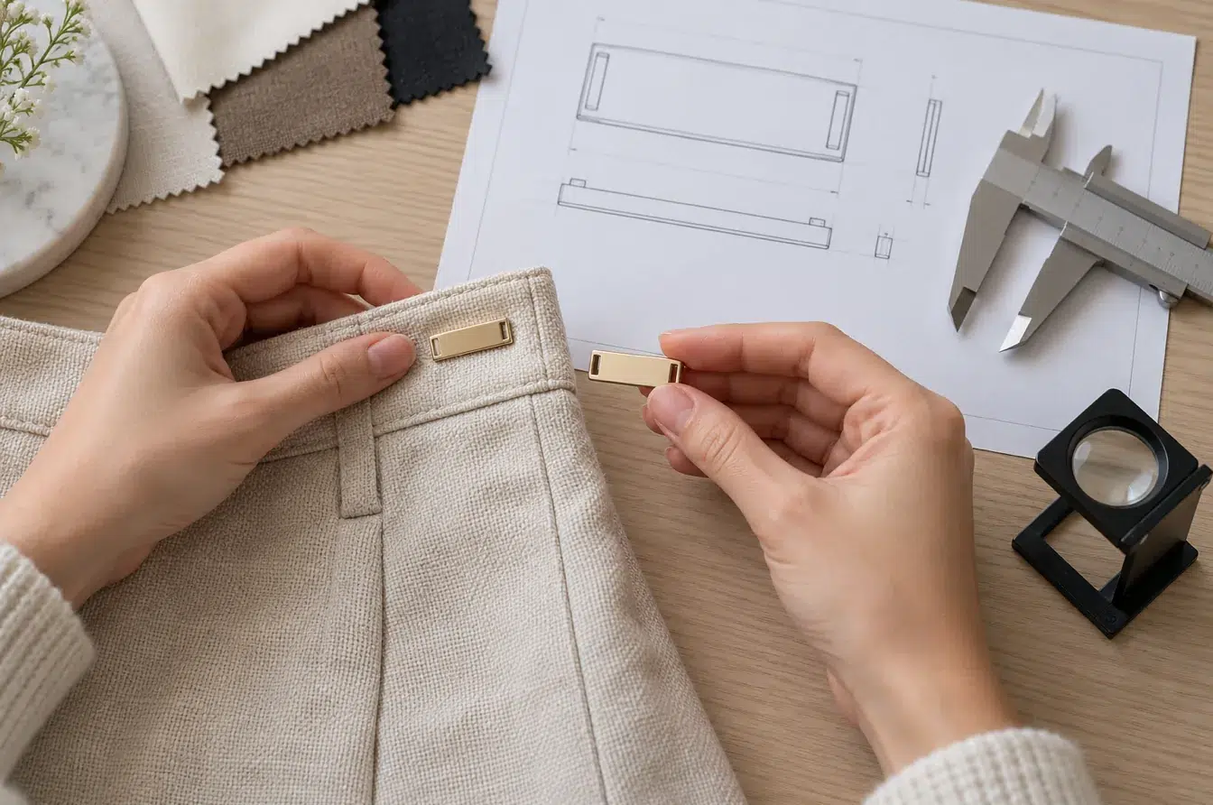 Product developer compares installed metal logo tag with approved master sample before production