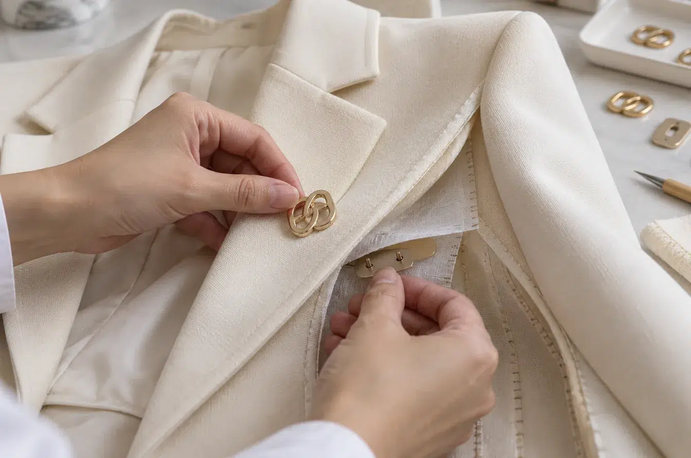 Backing plate installation secures a shaped metal emblem to a women’s blazer