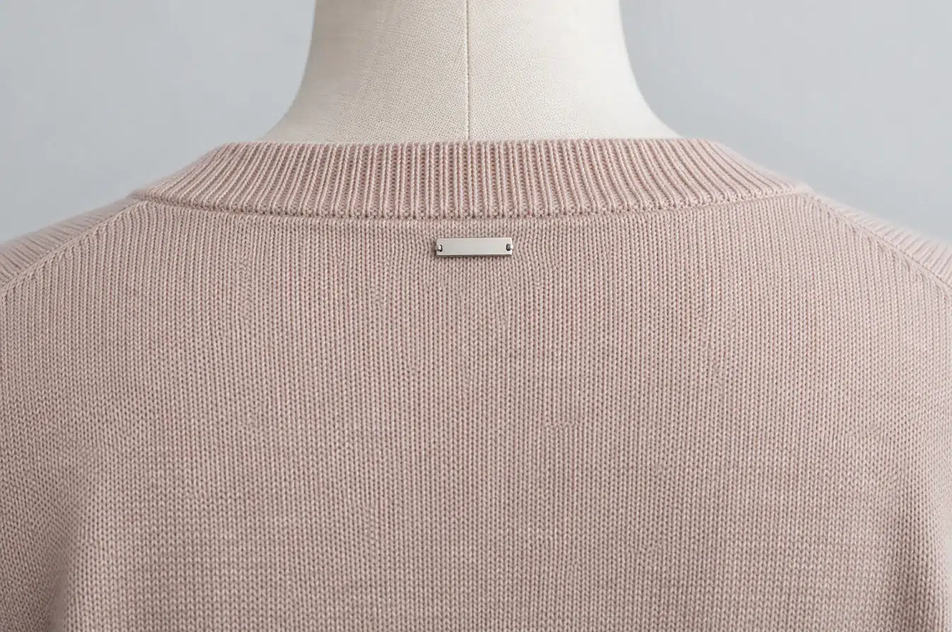 Small silver metal logo tag positioned below the neckline of a women’s knit cardigan