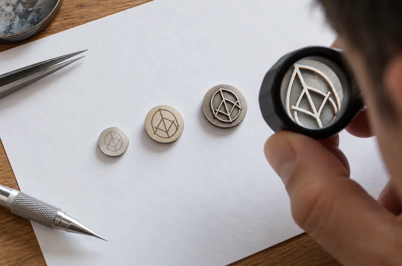 Designer checks miniature metal logo prototypes for legibility using a magnifying loupe