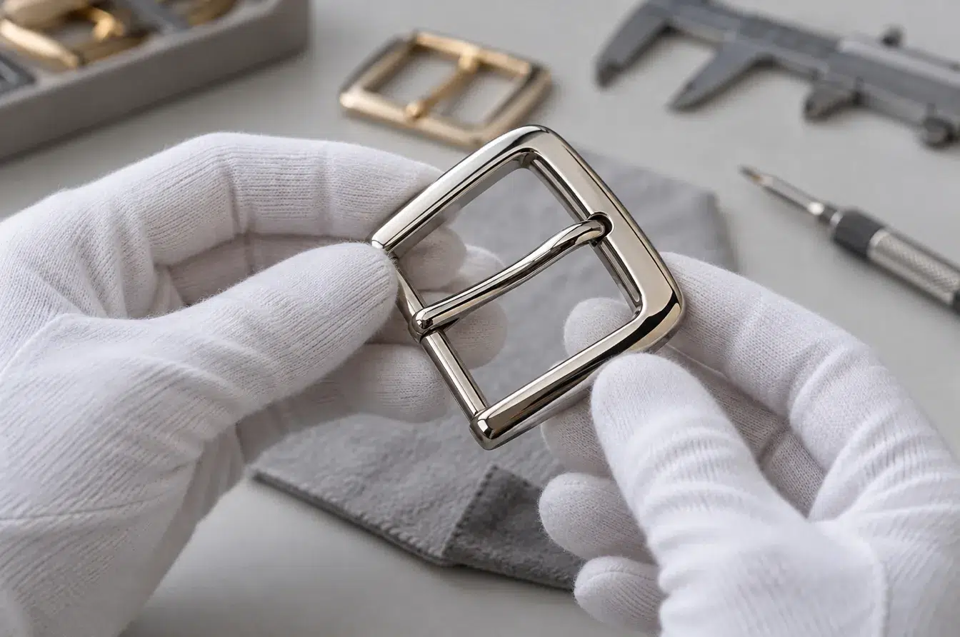 Gloved inspector examines a polished women’s buckle for edge and finish quality