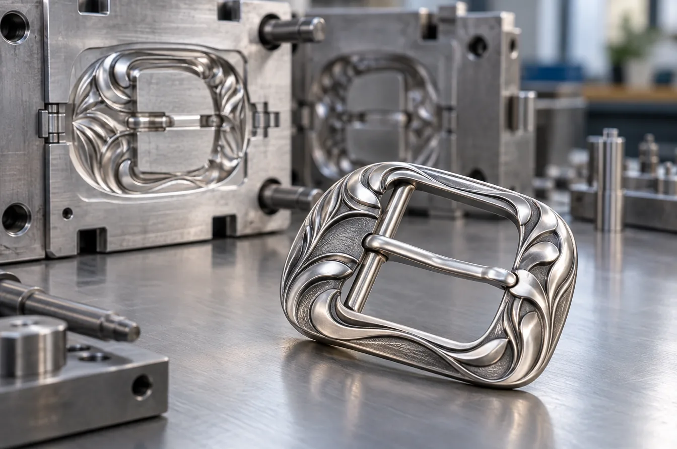 Detailed zinc alloy buckle displayed before a precision casting mold